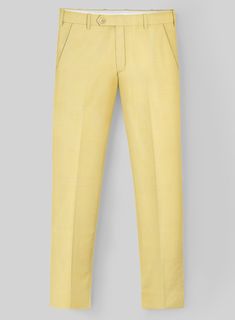 A bold take on wool suits, our Napolean Yellow Wool suit style helps create a slender silhouette while also remaining comfortable and versatile. Crafted from wool blend, the yellow hue adds a certain air of imagination and fun to the whole piece while still looking cool and masculine. Pair it with a matching waistcoat, a white shirt and tanned shoes for a dapper finish.  Look Includes   Napolean Yellow Wool Fabric  Two Button Jacket Style  Notch Lapel  Corzo Beige Buttons  Single Vent  Three Cuff Buttons  Two Welted Back Pockets on Trousers    Click 'Customize Now' to modify the look if needed.   Lining: Viscose, Dry Clean, Pants can be lightly washed. Yellow Pants Outfit Men, Yellow Pants Outfit, Wool Suits, Fabric Cross, Pants Outfit Men, Yellow Pants, Peak Lapel, Pants Style, Button Jacket