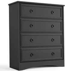 a black dresser with five drawers and two doors on the bottom drawer, in front of a white background