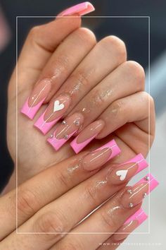 pink french tip nails with hearts French Manicure With Heart, Pink French Tip Nails, Pink French Manicure, Heart Designs