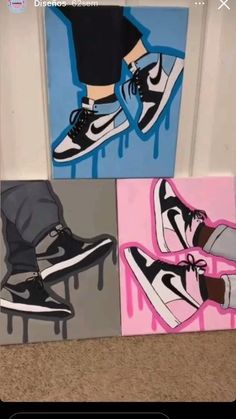 three paintings of shoes are shown on the floor in front of a door and one is wearing black pants