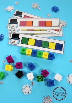 legos and snowflakes on a blue background