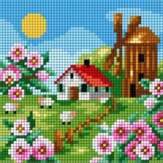 a cross stitch pattern with flowers and a house in the distance, on a sunny day