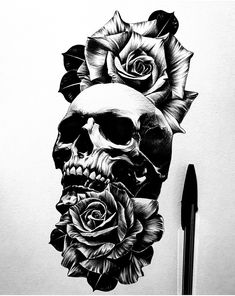 a drawing of a skull with roses on it