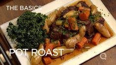 there is a white plate with food on it and the words, the basics pot roast