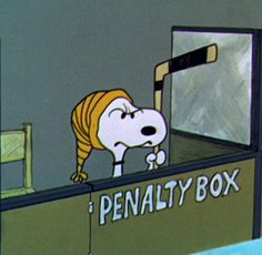 a cartoon dog with its head in a box looking at the door that says penalty box