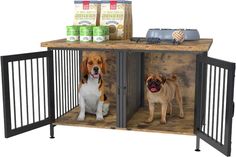 two dogs are standing in their kennels with food on the table behind them