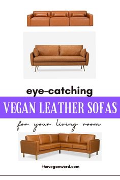 three different types of leather sofas with the text vegan leather sofas for your living room