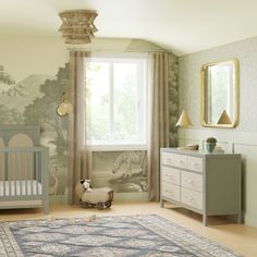 a baby's room with a crib, dresser and bed in front of a window