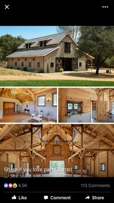 the inside and outside of a large wooden barn with windows, doors, and an open floor plan