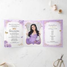 Purple And Gold Quinceanera, Purple Quinceanera Invitations, Light Purple Quinceanera, Purple Quinceanera, Invitations Quinceanera, Letter Folding, Violet Wedding, Princess Birthday Invitations, Floral Birthday Party