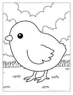 a black and white drawing of a bird in the grass with clouds behind it,