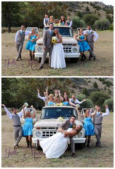 the bride and groom are posing for pictures in front of their truck with their wedding party