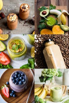 a collage of smoothies Vegan Breakfast Smoothie, Protein Breakfast Smoothie, Banana Breakfast Smoothie, Breakfast Smoothie Recipes, Banana Protein, Healthy Breakfast Smoothies, Filling Food, Smoothie Prep