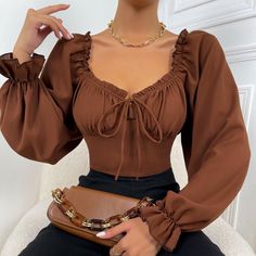 Brown Blouse, Chic Blouses, Joe Jonas, Puff Long Sleeves, Elegant Blouses, Cropped Tops, Casual Tops For Women, Spring Shirts, Outfits Casuales