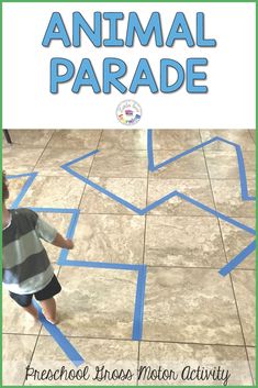 an animal parade game for preschoolers to play on the tile floor with blue tape