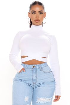 Available In Black, White, Red, And Lavender. Crop Top Long Sleeve Mock Neck Side Cut Out Stretch 58% Cotton 38% Rayon 4% Spandex Imported | Perfect Timing Crop Top in White size Medium by Fashion Nova Trendy White Elastane Tops, Versatile White Elastane Tops, Burgundy Fashion, Womens Camisoles, Tank Top Camisole, Loungewear Women, Long Crop Top, White Crop Top, Rompers Women