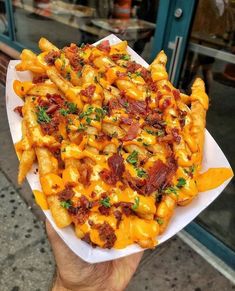 a person holding up a plate full of cheesy fries with bacon and cheese