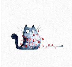 a watercolor painting of a blue cat with red sprinkles