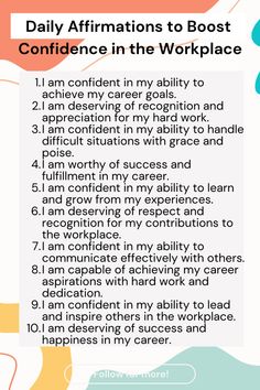 a poster with the words daily affirmations to boot confidence in the workplace