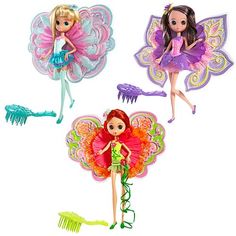 three barbie dolls are shown with hair brushes and toothbrushes in their hands, one is wearing a fairy costume