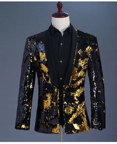 Color: BlackCollarBlackGold, Size: Asian XXXL Royal Blue Sequin Dress, Suit For Prom, Glitter Blazer, Sequin Suit, Singer Costumes, Button Fly Pants, Blazer Men, Blazer Casual, Slim Fit Blazer