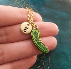 Pickle Necklace VERY SMALL Pickle Jewelry Green Pickle Charm Necklace Enamel Pickle Pendant Necklace Food Keychain, Enamel Keychain, Food Necklace, Personalised Bangle, Initial Keychain, Stackable Bangles, Small Charms, Charm Keychain, Adjustable Bangle