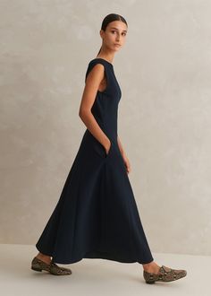 Travel Tailoring Boat Neck Midi Dress Navy Fitted A-line Evening Dress With Flattering Silhouette, Elegant Fit And Flare A-line Evening Dress, Formal A-line Evening Dress With Flattering Silhouette, Formal A-line Midi Dress With Flattering Silhouette, Workwear A-line Maxi Dress With Fitted Bodice, Classic Fit And Flare A-line Dress, Elegant Seamed Dresses For Workwear, Elegant Seamed Workwear Dresses, Elegant Structured A-line Midi Dress