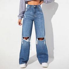 High Waisted Ripped Wide Leg Jeans offer a loose fit and feature a zipper fly. It can be washed easily in the machine while maintaining the quality of the material. It is made with the composition of cotton, polyester, and viscose giving it the finest texture. You can wear it with anything of your choice. Specifications: Pattern Type: Plain Type: Wide Leg Closure Type: Zipper Fly Details: Button, Pocket, Ripped, Zipper, Raw Wash Waist Line: High Waist Length: Long Fit Type: Loose Fabric: Non-Str Ripped Wide Leg Jeans, Wide Leg Jeans Outfit, Ripped Denim Pants, Outfit Jeans, Jeans Casual, Ripped Denim