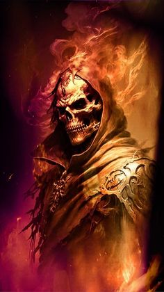 a man with a skull on his head in the middle of a fire filled background