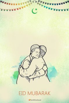 a drawing of two people hugging each other with the caption, eid mubarak