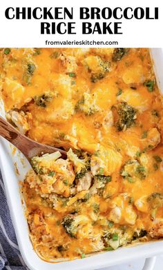 a casserole dish with chicken, broccoli and cheese