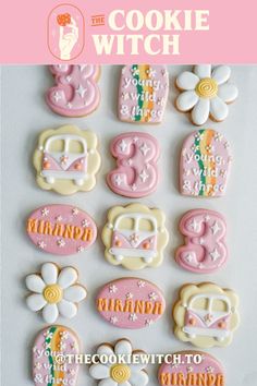 the cookie witch cookies are decorated in pastel pink and white, with flowers on them