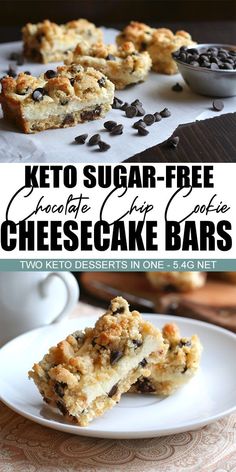 keto sugar - free chocolate chip cheesecake bars on a plate with one bite taken out