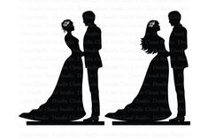 the silhouettes of two people standing next to each other in front of a white background