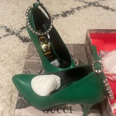 Gorgeous Green Gucci Statement Piece Removable Sparkly Ankle Strap Evening High Heels With Horsebit Detail, Luxury High Heel With Horsebit Detail, High Heels With Horsebit Detail, High Heel With Horsebit Detail, Green Gucci, Gucci Heels, Shoes Gucci, Gucci Shoes, Shoes Women Heels