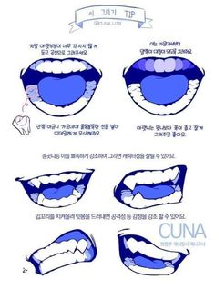 instructions for how to draw the mouth and teeth in different ways, with pictures on each side