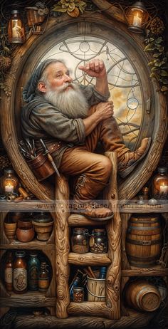 a painting of an old man sitting on top of a shelf with lots of jars