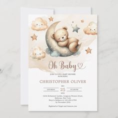 a baby shower card with a teddy bear on the moon and stars in the sky