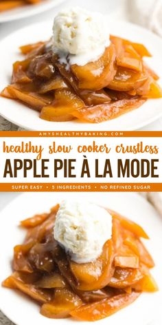 A fall treat for your Thanksgiving dessert ideas! It's one of the best apple recipes. Topped with ice cream, this Healthy Slow Cooker Crustless Apple Pie à la Mode is irresistible! Plus, it's gluten free, dairy free, egg free, vegan, clean eating, and low fat! Gluten Dairy Free Thanksgiving Recipes, Healthy Thanksgiving Dessert, Crustless Apple Pie, Healthy Apple Pie Recipe, Dairy Free Thanksgiving Recipes, Thanksgiving Dessert Ideas, Crumble Recipes, Healthy Thanksgiving Desserts