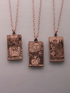 "Copy and paste into your browser, get 15% off ➔ https://bit.ly/VD15OFF Offering all 22 tarot cards from The Major Arcana, the choice is yours with this tarot card necklace. DETAILS: -One necklace -18mm x 10mm Rose Gold Filled Charm -Rose Gold Filled chain in the length of your choice -Spring ring clasp You will receive one Rose gold-filled tarot card charm necklace, in the length of your choice. **Every item is handmade, this means that each will be unique and may not look EXACTLY like the picture, but it will look very similar ➡ORDER PROBLEMS If there are any problems with your order please contact me, my goal is for you to be happy with your products and I will do what I can to help! ➡BULK ORDERS I gladly make bulk orders! For every bulk order of 15+, there is a special discount. The mo Tarot Necklace, Tarot Card Necklace, The Major Arcana, Card Jewelry, Best Friend Birthday Gift, Card Necklace, Mystical Jewelry, One Rose, Birthday Gifts For Best Friend