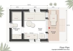 the floor plan for a two bedroom apartment with an attached kitchen and living room area