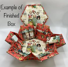 an origami box with pictures on it and the words example of finished box