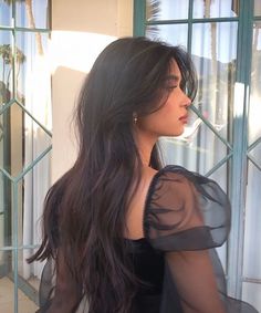 a woman standing in front of a window with long hair and wearing a sheer black top