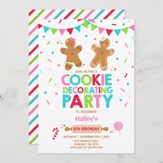 a birthday party card with two gingerbreads on it