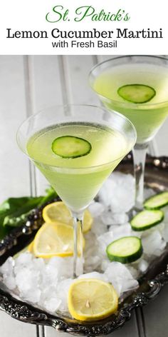 two glasses filled with lemon cucumber martini on top of ice