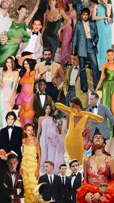 a collage of people dressed in different styles and colors, all wearing tuxedos