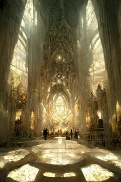 the interior of a large cathedral with people standing in front of it and sunlight streaming through the windows