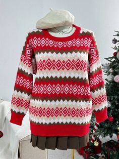 Plus Christmas Geo Pattern Drop Shoulder Oversize Sweater Multicolor Casual  Long Sleeve Knitwear Geometric Pullovers Medium Stretch  Women Plus Clothing, size features are:Bust: ,Length: ,Sleeve Length: Los Angeles Shirt, Pull Oversize, Geo Pattern, Mesh T Shirt, Long Sleeve Pullover Sweater, Striped Cardigan, Inspiration Mode, Sweaters Oversized, Long Sleeve Pullover