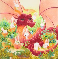 an illustration of a dragon surrounded by rabbits