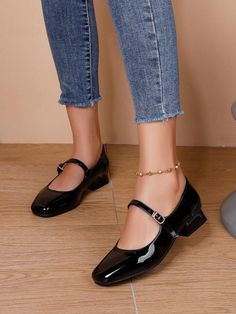 New Fashion Chunky Heel Pu Leather Women's Comfortable Flat Shoes | SHEIN USA